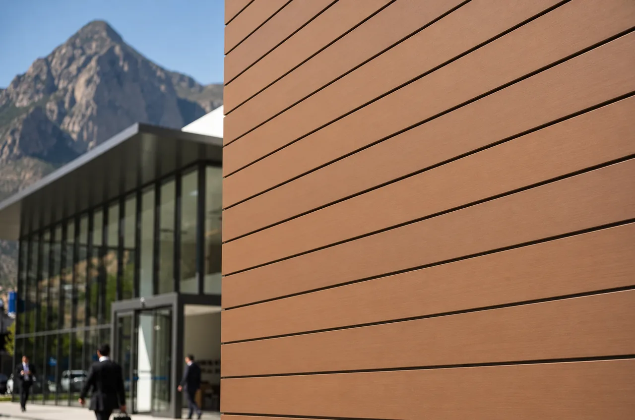 Muro exterior de un edificio de oficinas revestido de Wall Cladding WPC tono madera en tablas horizontales, junto al vestíbulo de vidrio y con la montaña al fondo