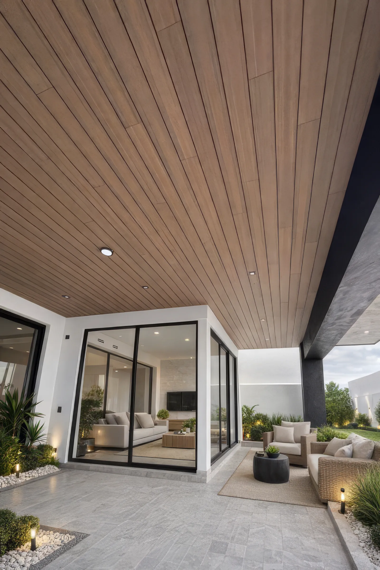 Porche de una casa con el techo forrado de panel WPC liso tono madera y luces empotradas, sobre una sala exterior y ventanales