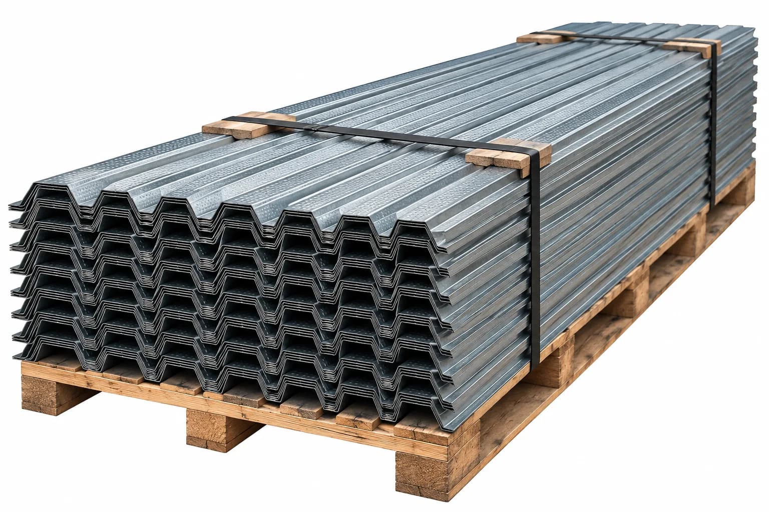 Tarima de madera cargada con piezas de canal listón galvanizado apiladas y flejadas