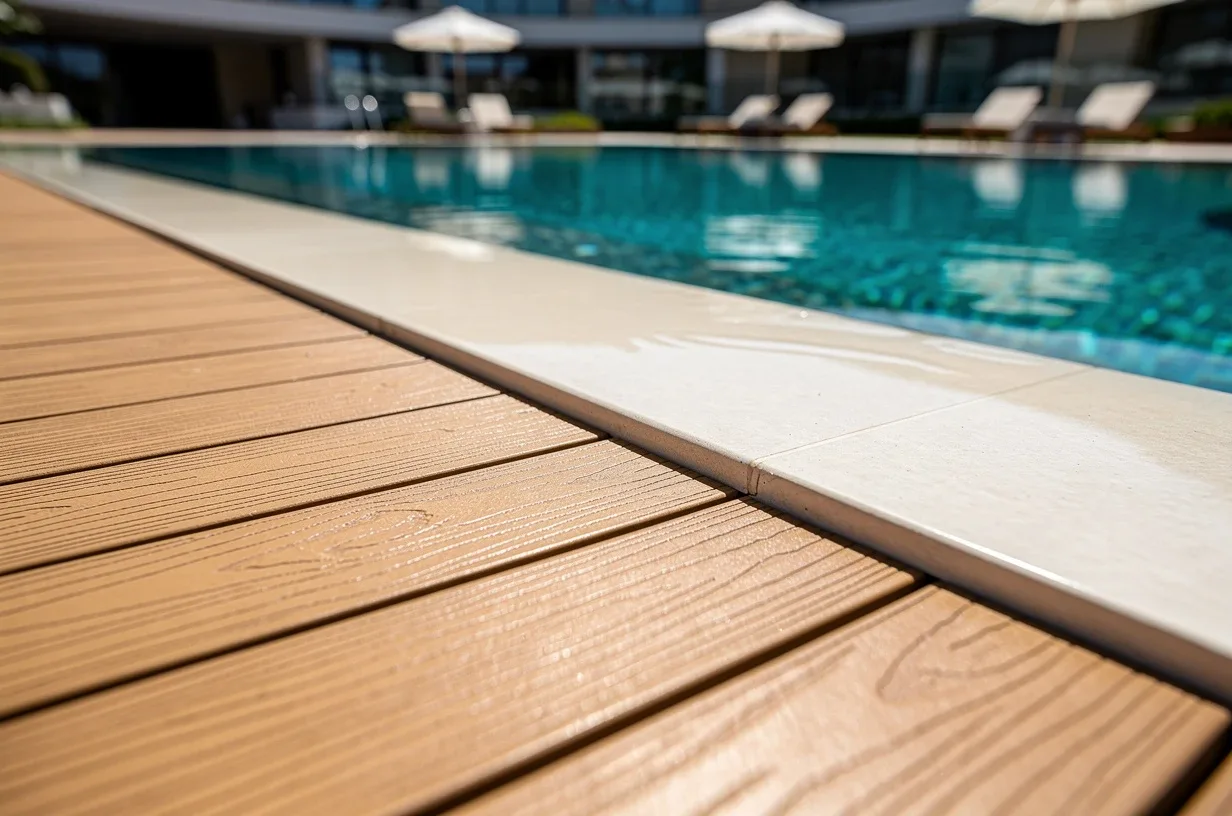 Deck de WPC en la orilla de una alberca exterior