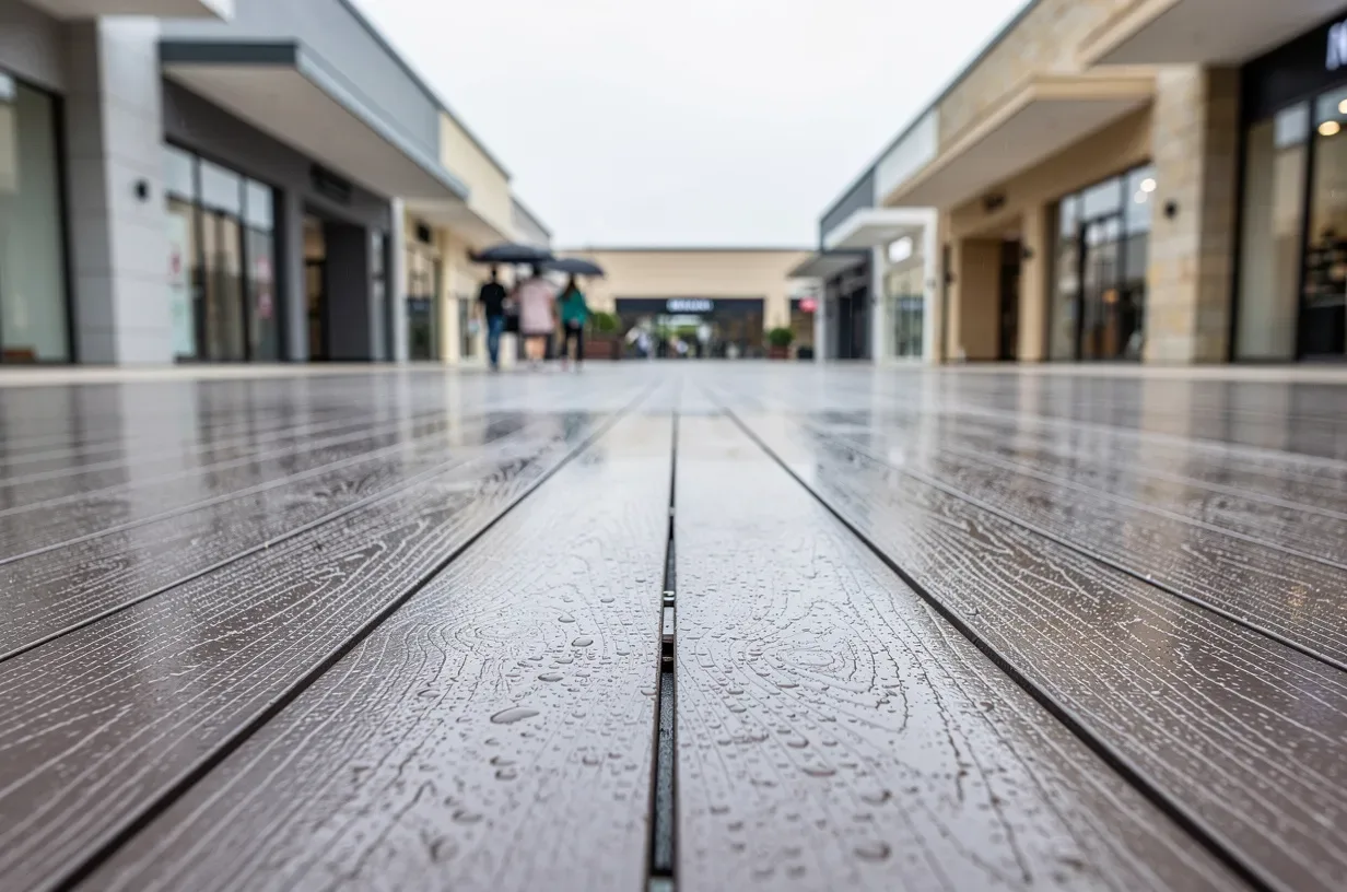 Deck de WPC en un espacio comercial exterior bajo lluvia