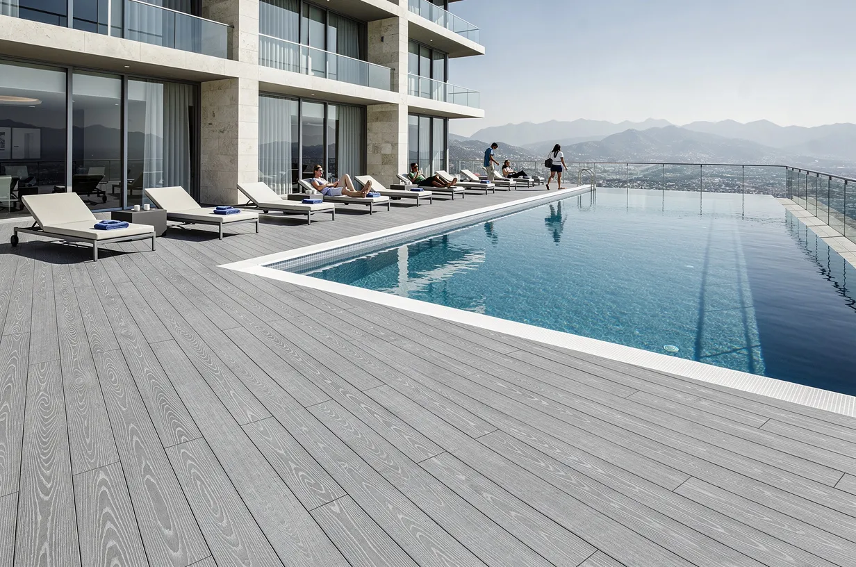 Deck WPC coextruido de Extrutech con capa Max Shield en una terraza exterior