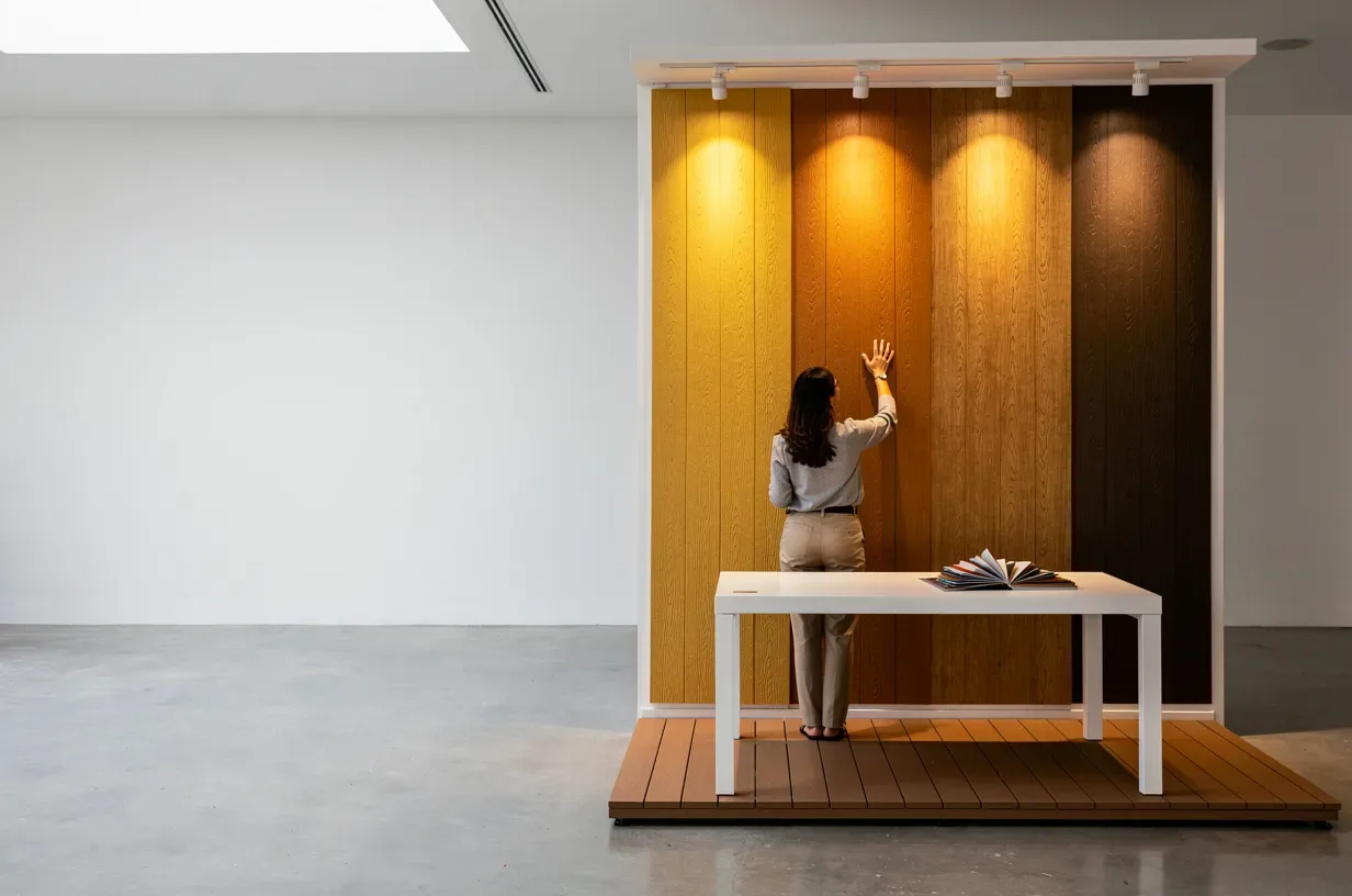 Panel de muestras de perfiles de WPC en distintos tonos, iluminado en showroom