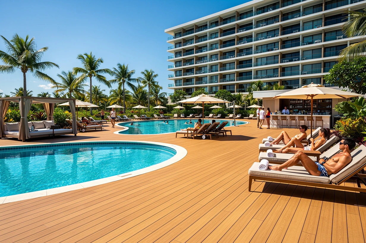 Deck WPC antiderrapante de Extrutech en el borde de una alberca de resort