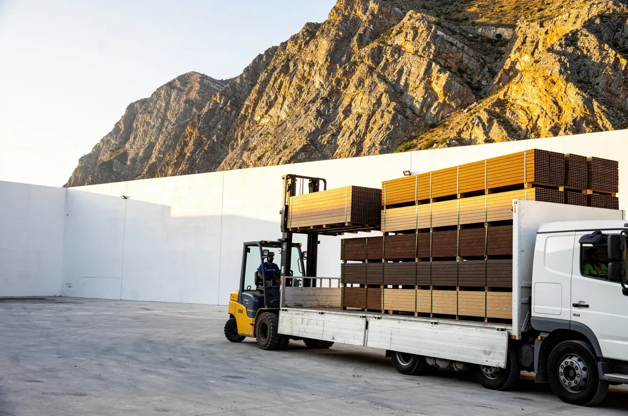 Suministro de perfiles de WPC en plataforma de transporte