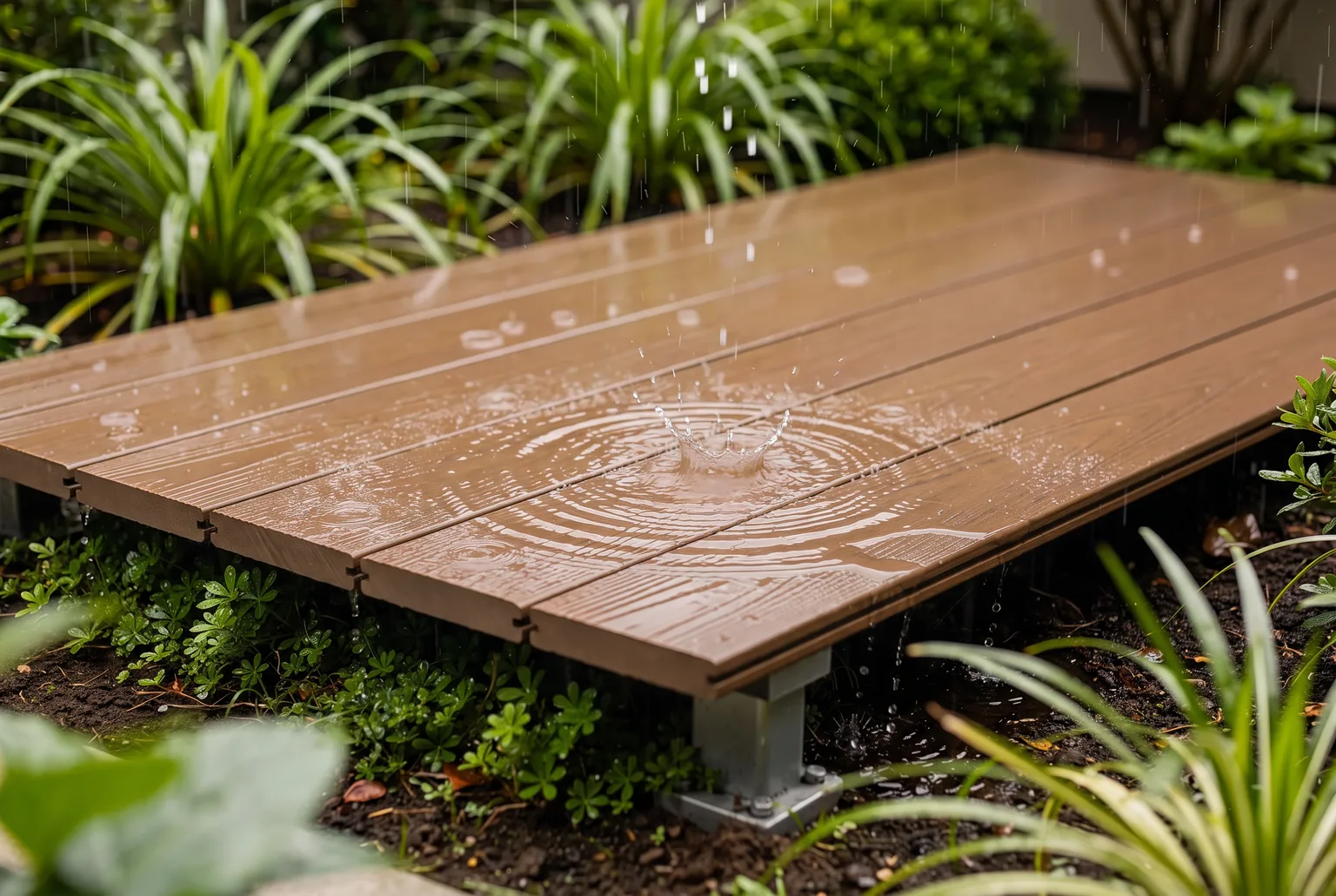 Plataforma de deck WPC color Teka sobre soportes, en un jardín bajo la lluvia