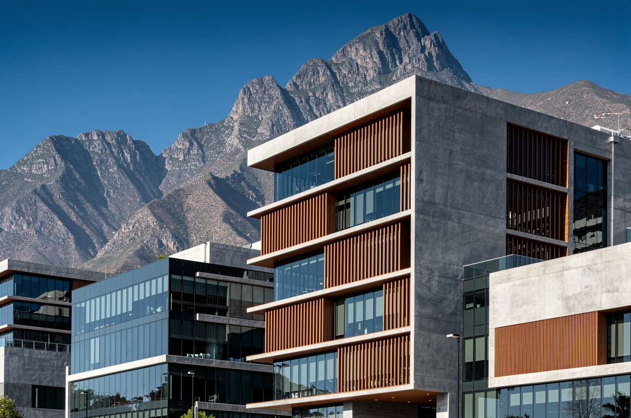 Fachada con lambrín WPC coextruido de Extrutech en un edificio de oficinas