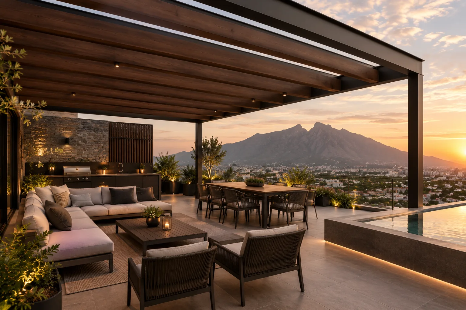 Pérgola de vigas decorativas WPC sobre una terraza en azotea con sala y comedor exterior, al atardecer con vista a las montañas