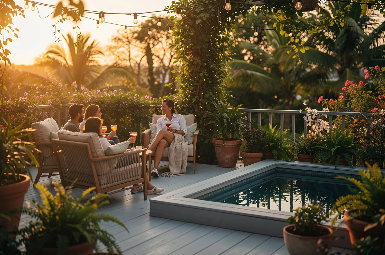 Deck WPC de Extrutech junto a una alberca en clima costero al atardecer
