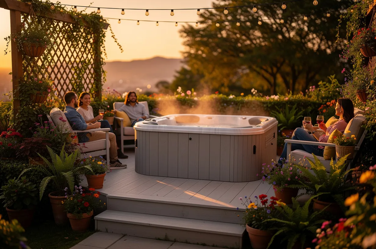 Terraza de deck WPC en un entorno costero al atardecer