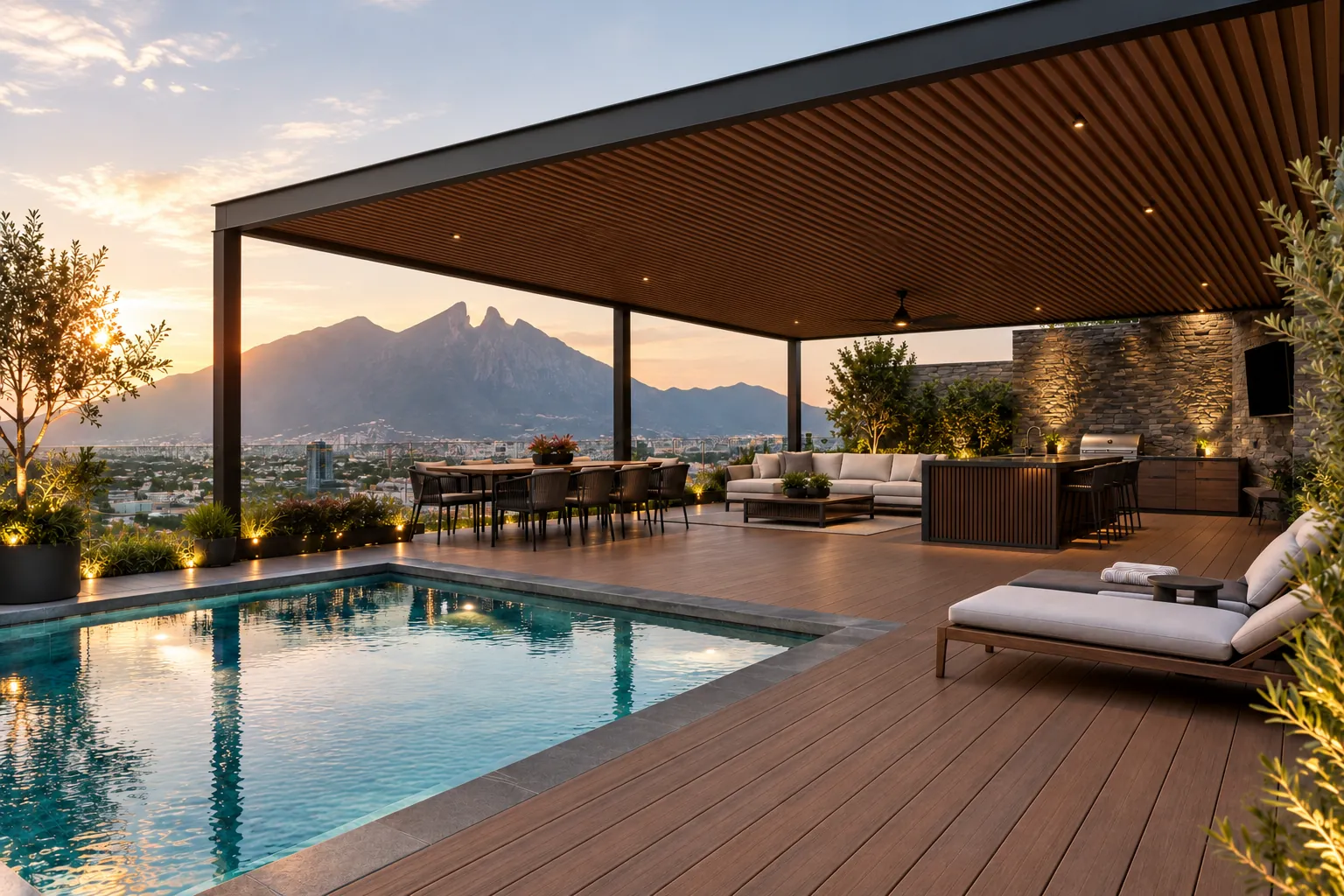 Deck de WPC tono madera ya instalado en una azotea, alrededor de la alberca, con un techo de tablas WPC sobre el comedor y el Cerro de la Silla al atardecer