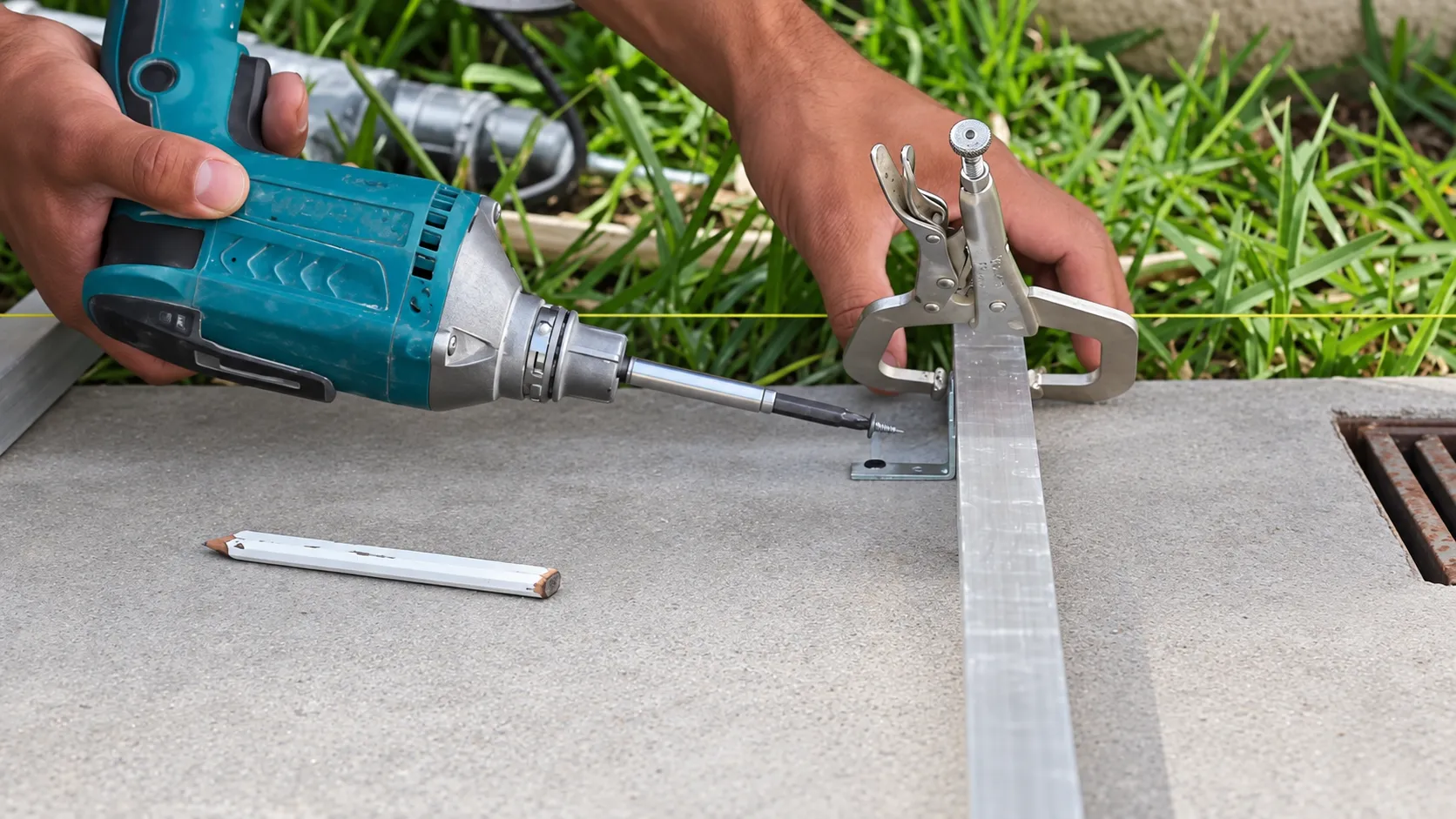 Instalador fija con atornillador una escuadra al piso de concreto, con el perfil de aluminio del bastidor sujeto con pinzas