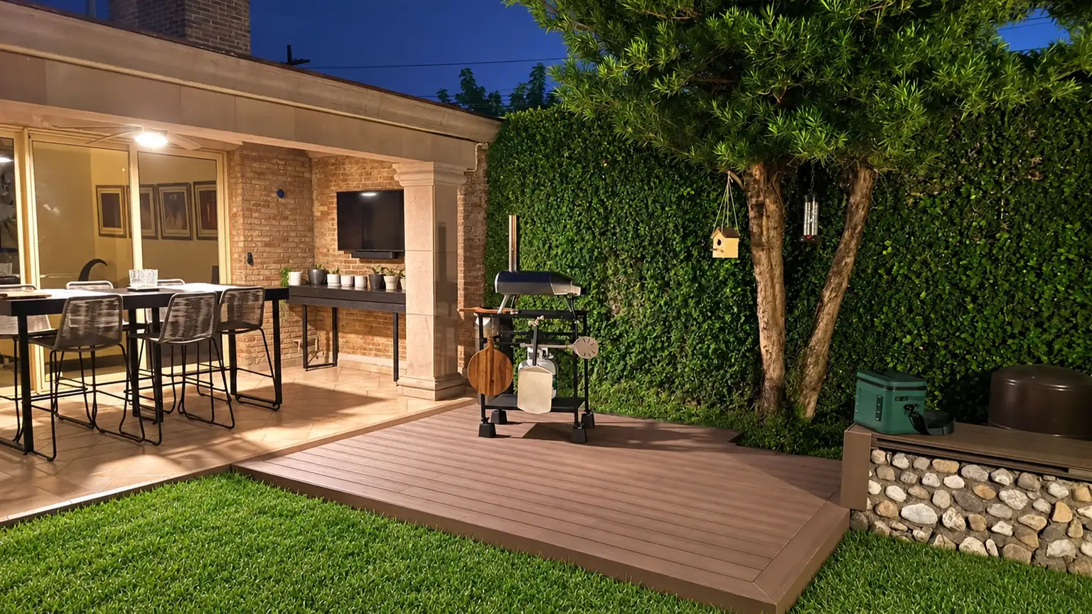 Deck Sólido terminado en el jardín de una casa, de noche, junto a la terraza techada con el comedor y el asador