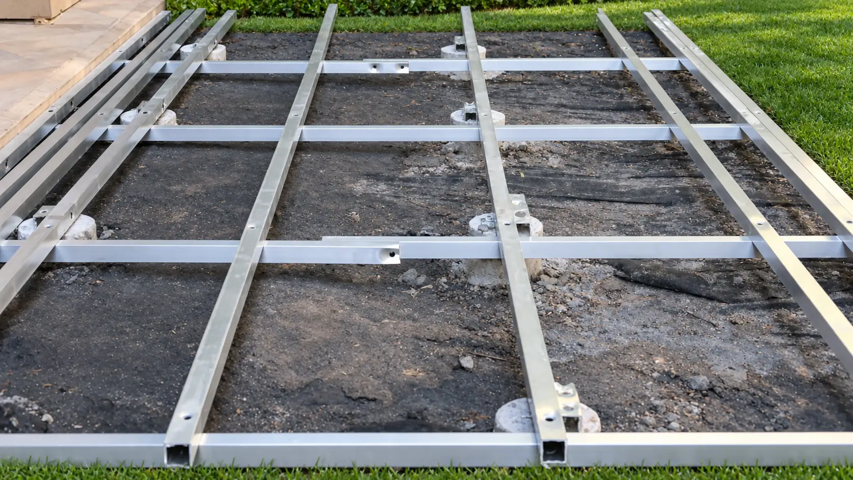 Bastidor de perfiles de aluminio armado en retícula sobre soportes, listo para recibir las tablas de deck, en un jardín
