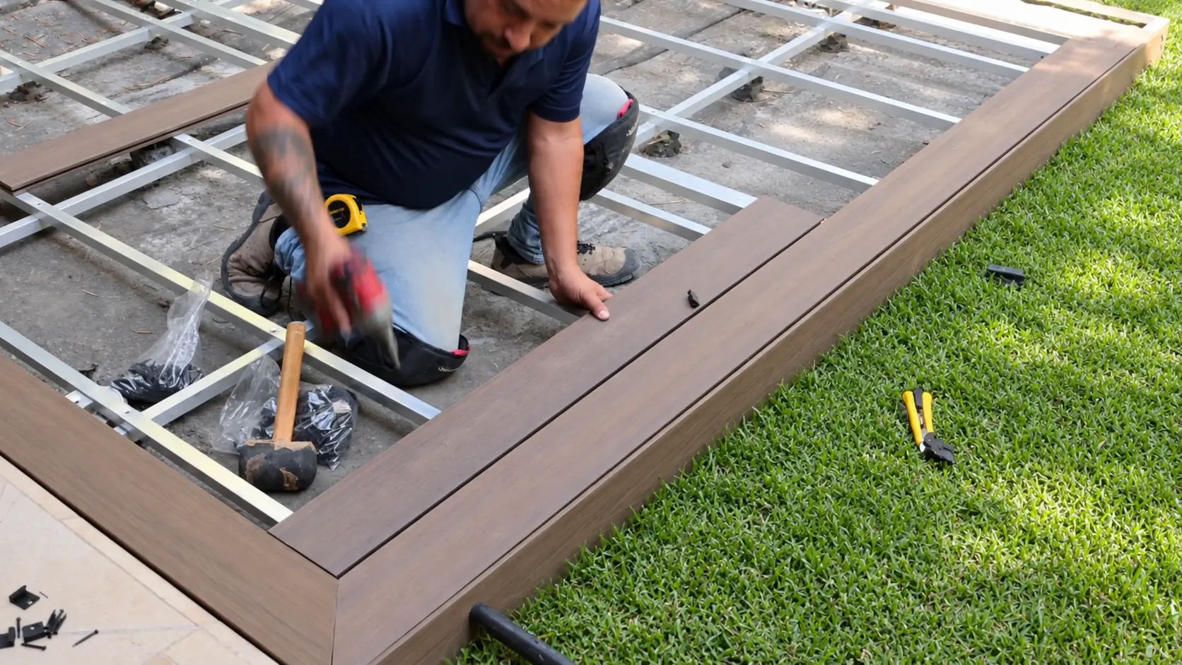 Instalador coloca tablas de Deck Sólido sobre el bastidor, con el perímetro ya rematado con fascia y el mazo de goma a la mano