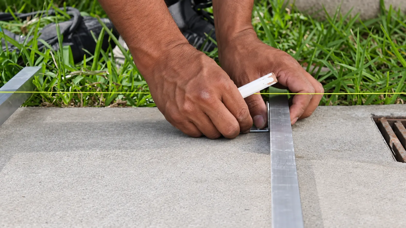 Manos de un instalador marcan con lápiz la posición de un perfil de aluminio del bastidor, alineado a un hilo de referencia, sobre un piso de concreto