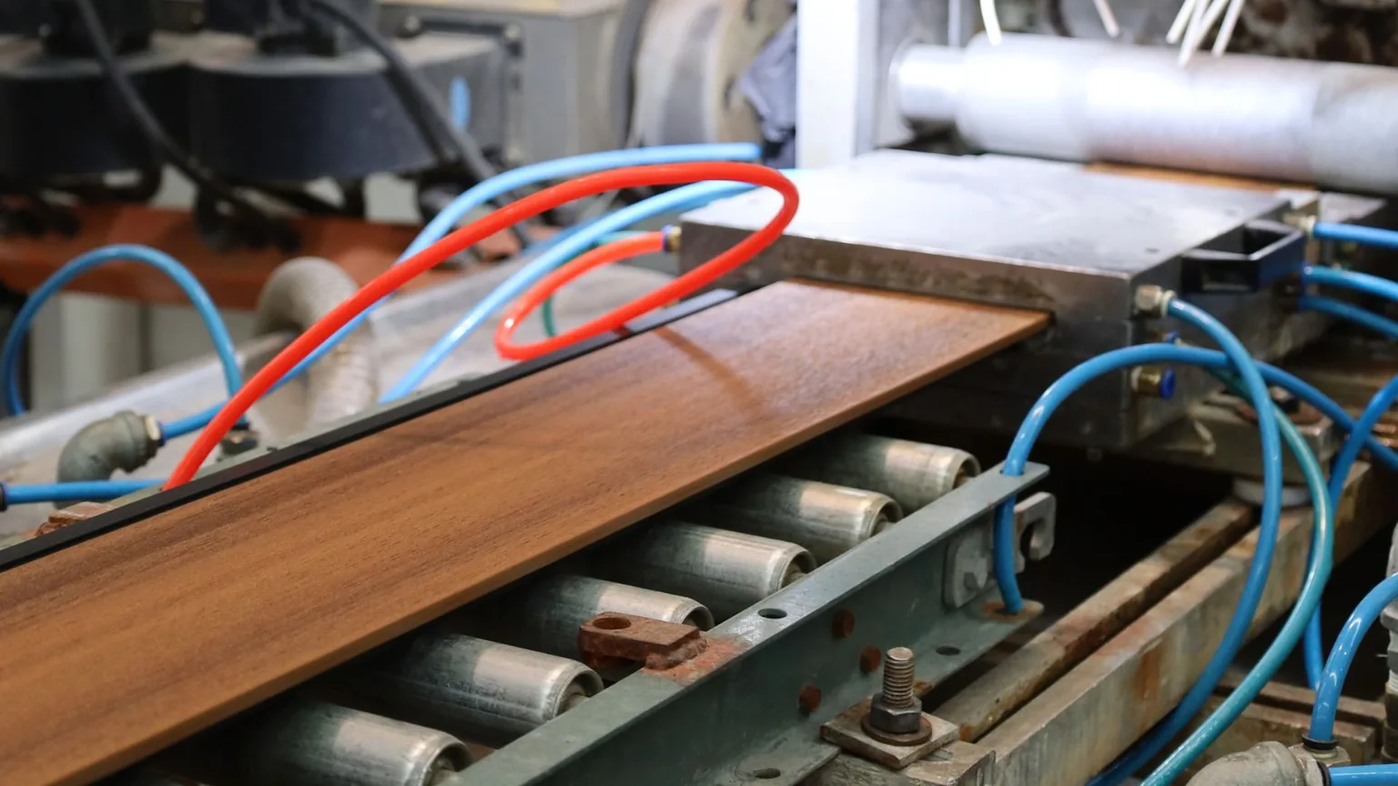 En la línea de producción de Extrutech, una tabla de deck de WPC recién extruida avanza sobre los rodillos, entre las mangueras de enfriamiento