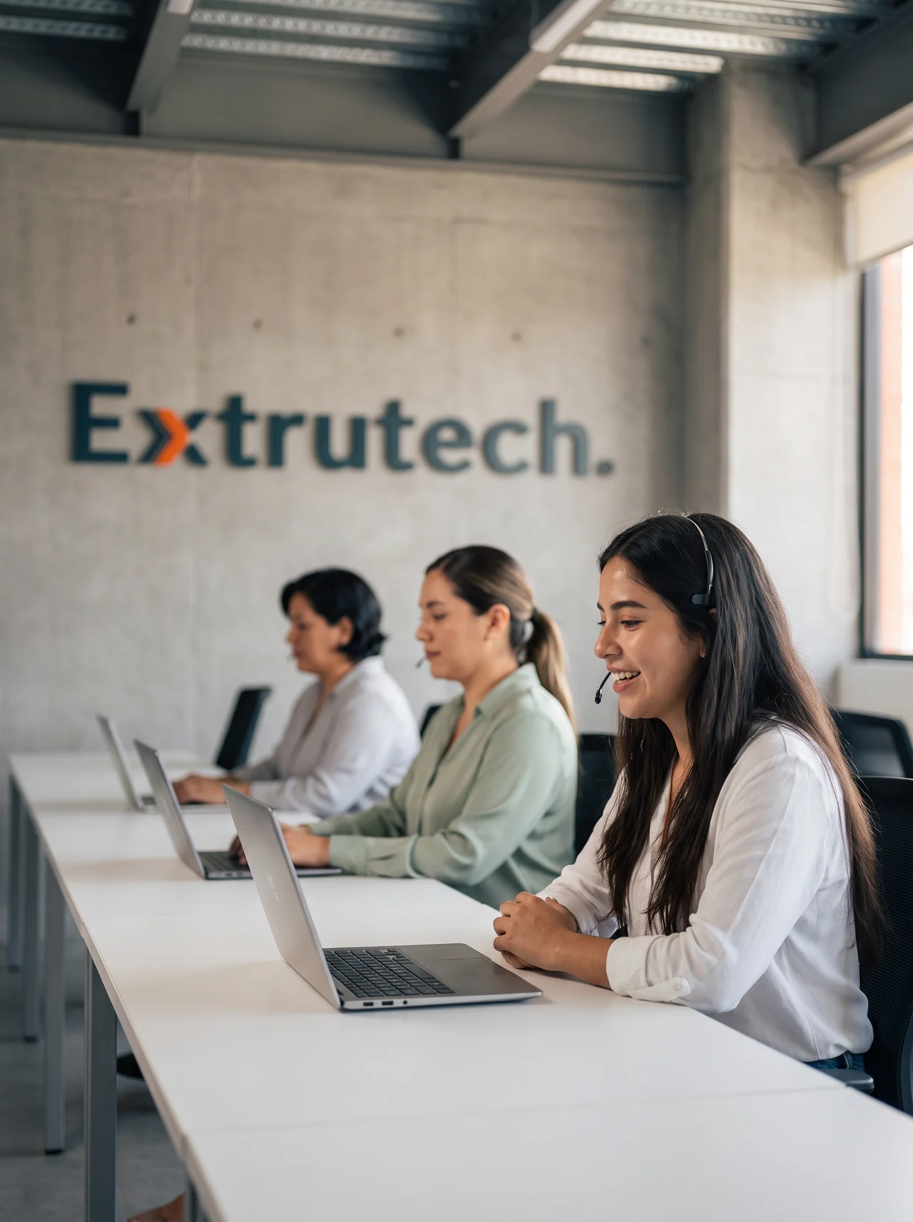 Tres jóvenes del equipo de atención de Extrutech con diadema, en una oficina clara, con el logo de Extrutech en la pared del fondo