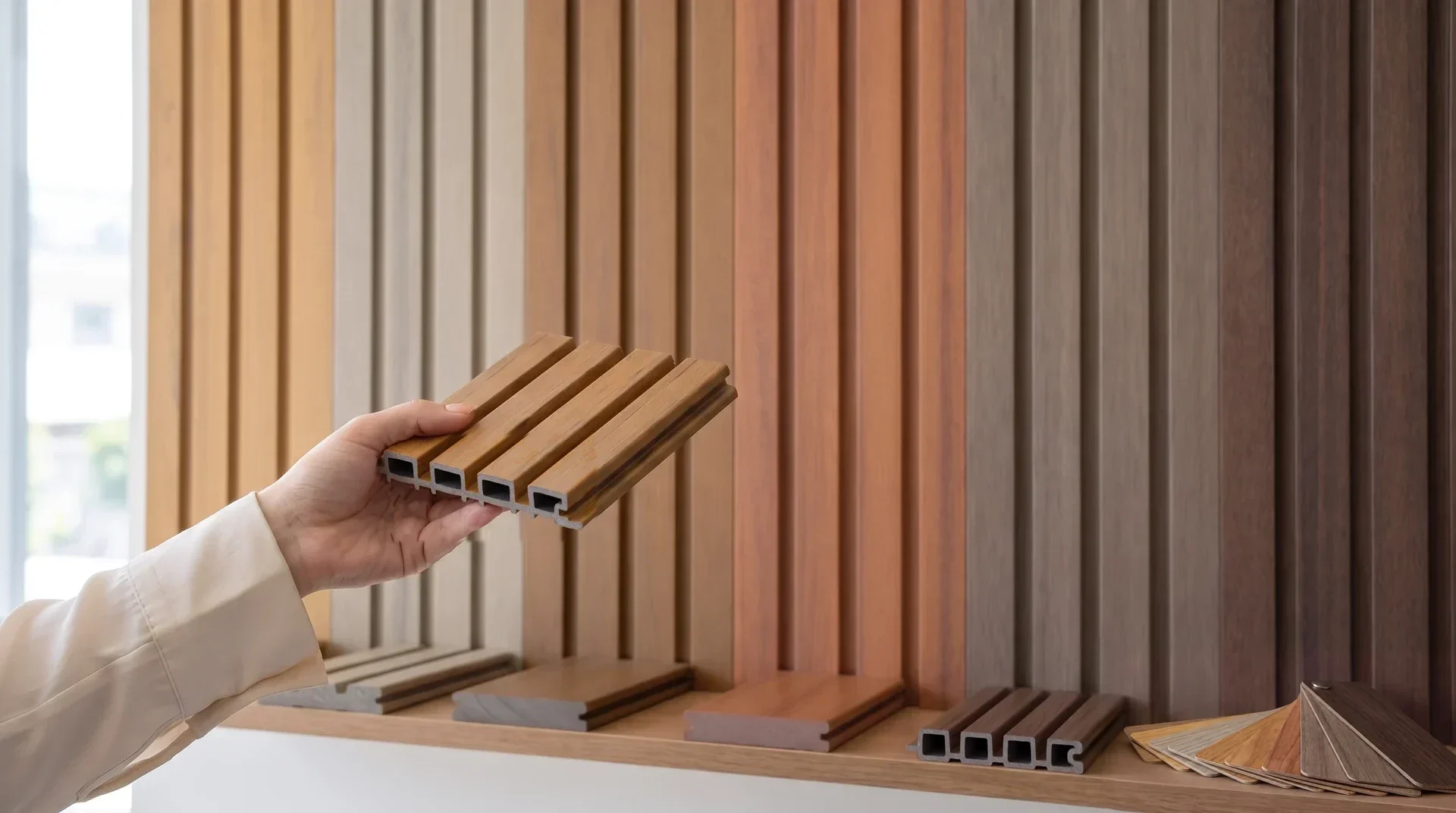 En el despacho, de cerca: la mano de la arquitecta levanta del repisero una muestra de lambrín en Teka, frente al panel de muestras en los seis colores de línea