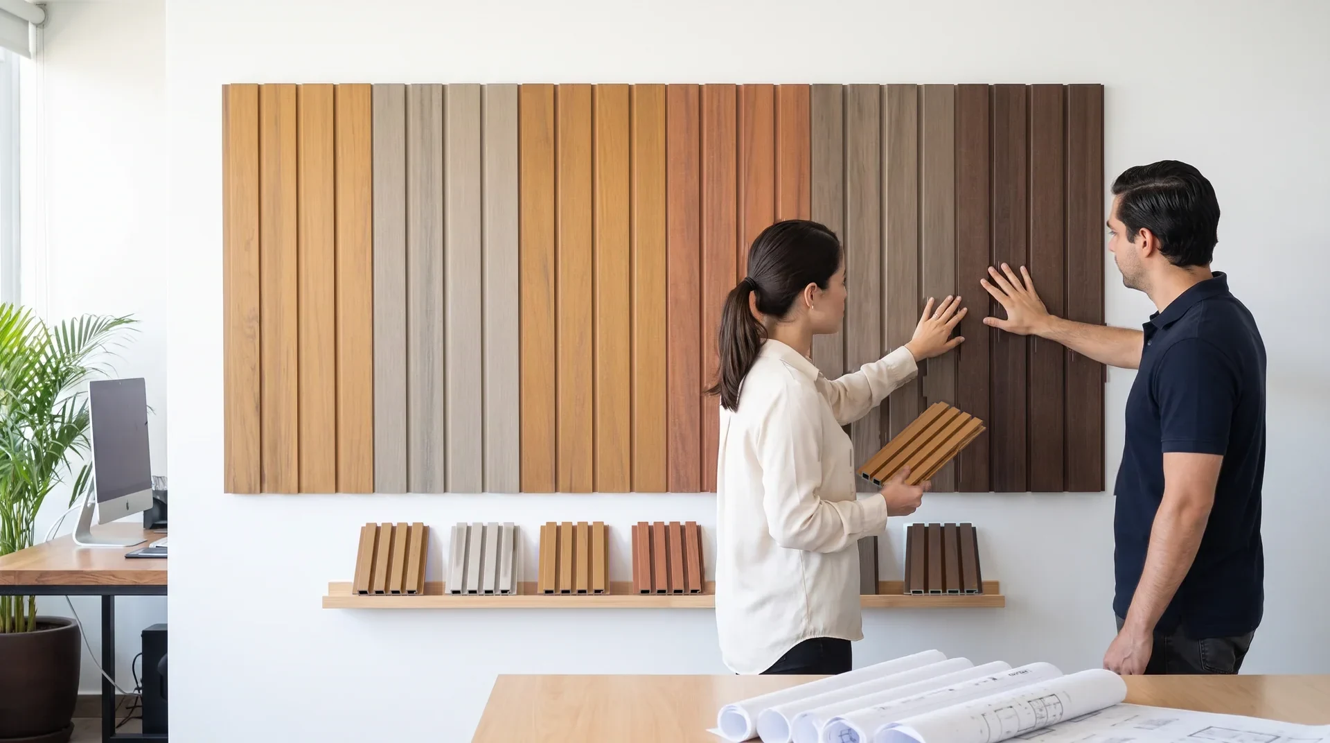 Despacho de arquitectos con una mesa de juntas llena de planos y, en la pared del fondo, un corner de Extrutech: un panel de lambrín WPC en los colores de la carta, con una repisa de muestras de cuatro costillas. Una arquitecta le enseña una muestra de lambrín a un cliente, que toca las del panel.