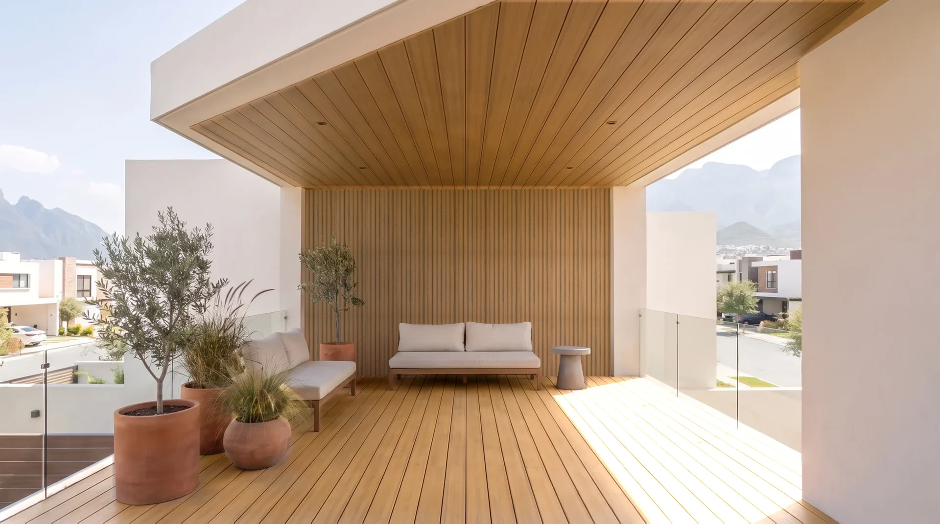 Terraza techada con el piso de deck, el muro de lambrín y el techo de plafón en color Chesnut