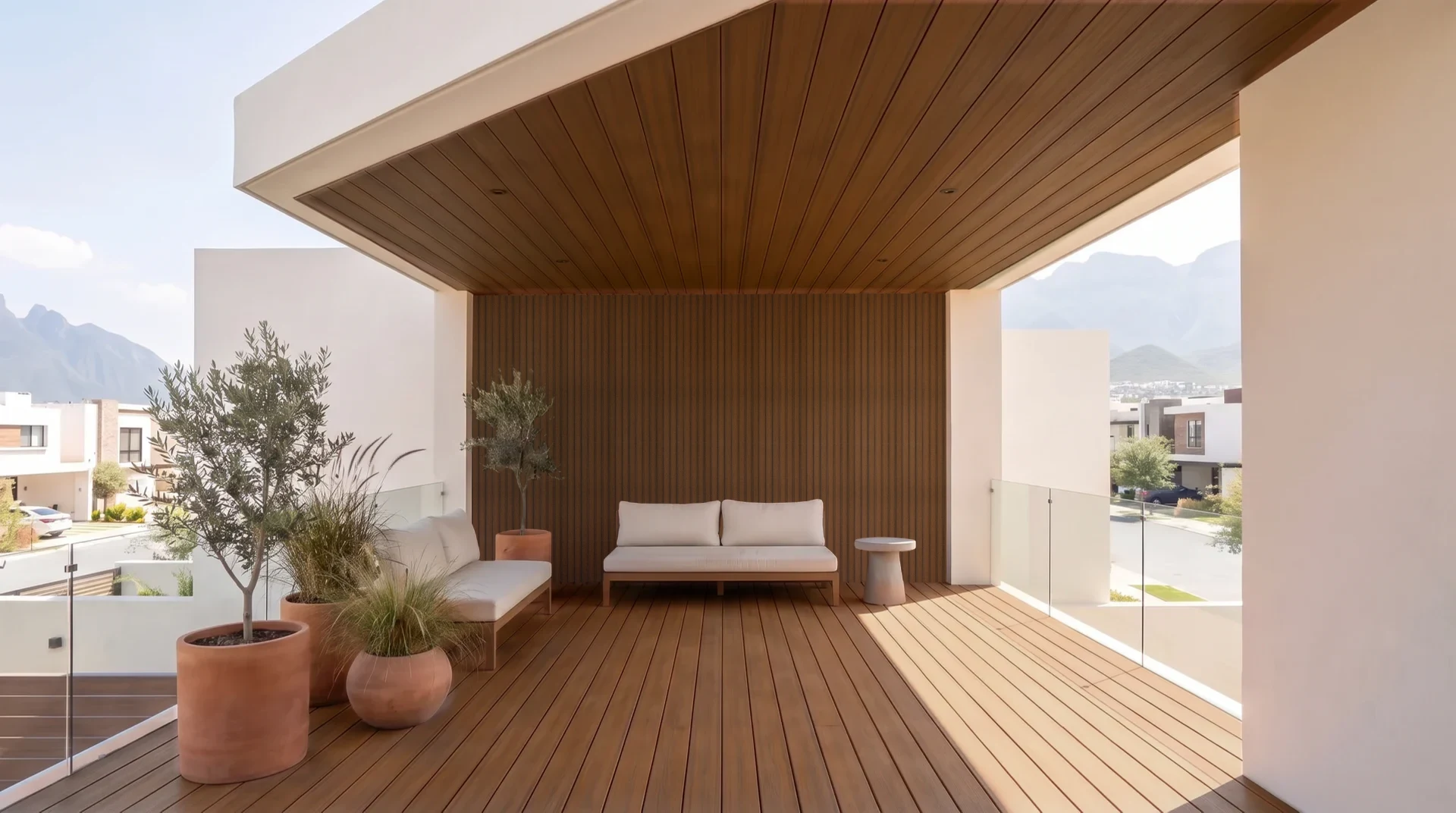 Terraza techada con el piso de deck, el muro de lambrín y el techo de plafón en color Teka