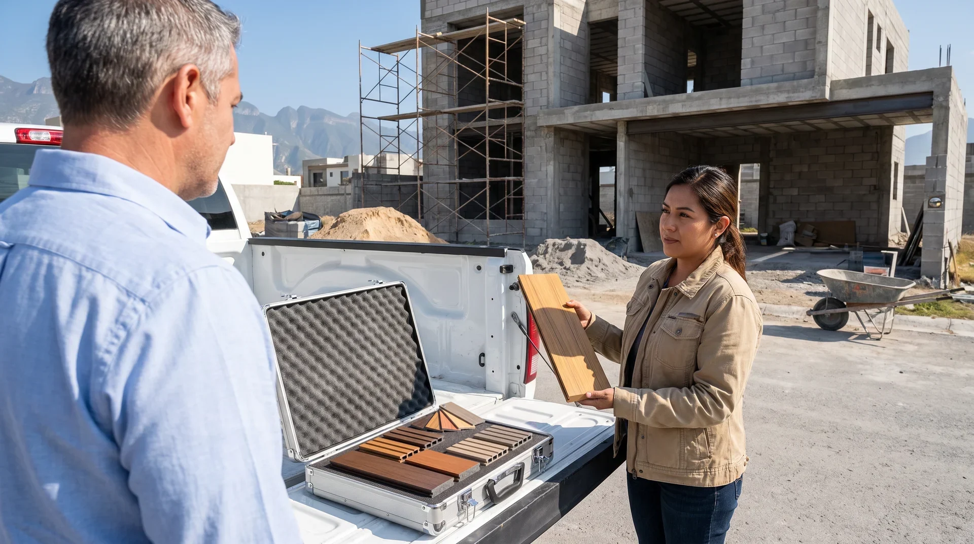 Obra negra de una casa en Monterrey: la distribuidora, junto a la camioneta, le enseña al dueño una tabla de deck WPC; sobre la batea, un maletín abierto con muestras de deck sólido, lambrín WPC con el canto hueco y un abanico de colores