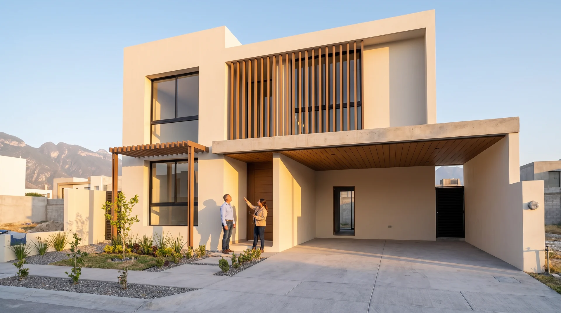 La misma casa de la obra, ya terminada: fachada blanca con una celosía de vigas de WPC frente a la ventana alta, plafón de WPC bajo la losa de la cochera y una pérgola en la entrada; la distribuidora le señala la celosía al dueño