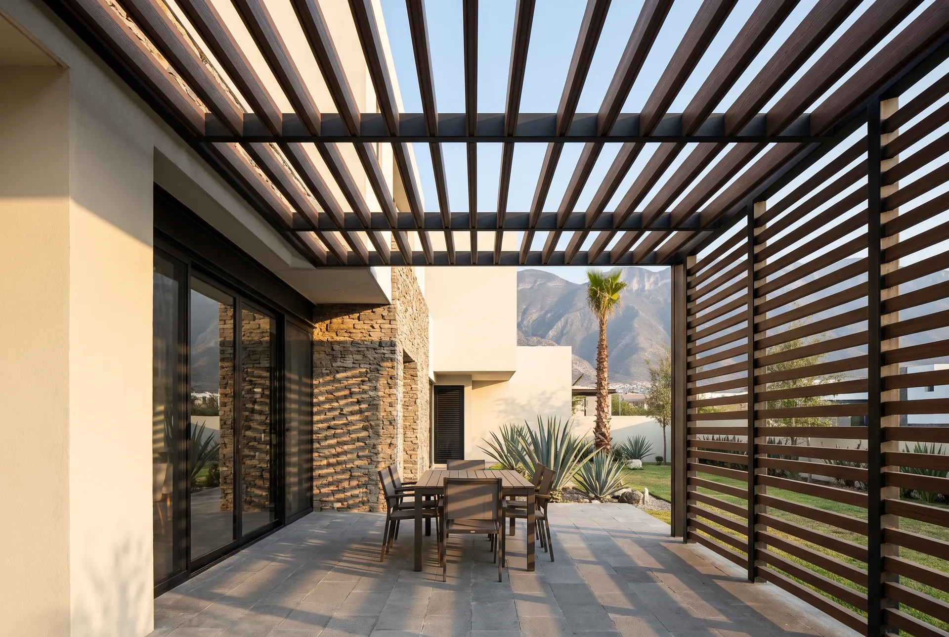 Pérgola y celosía de vigas WPC color IPE en la terraza de una casa, con comedor exterior y montañas al fondo