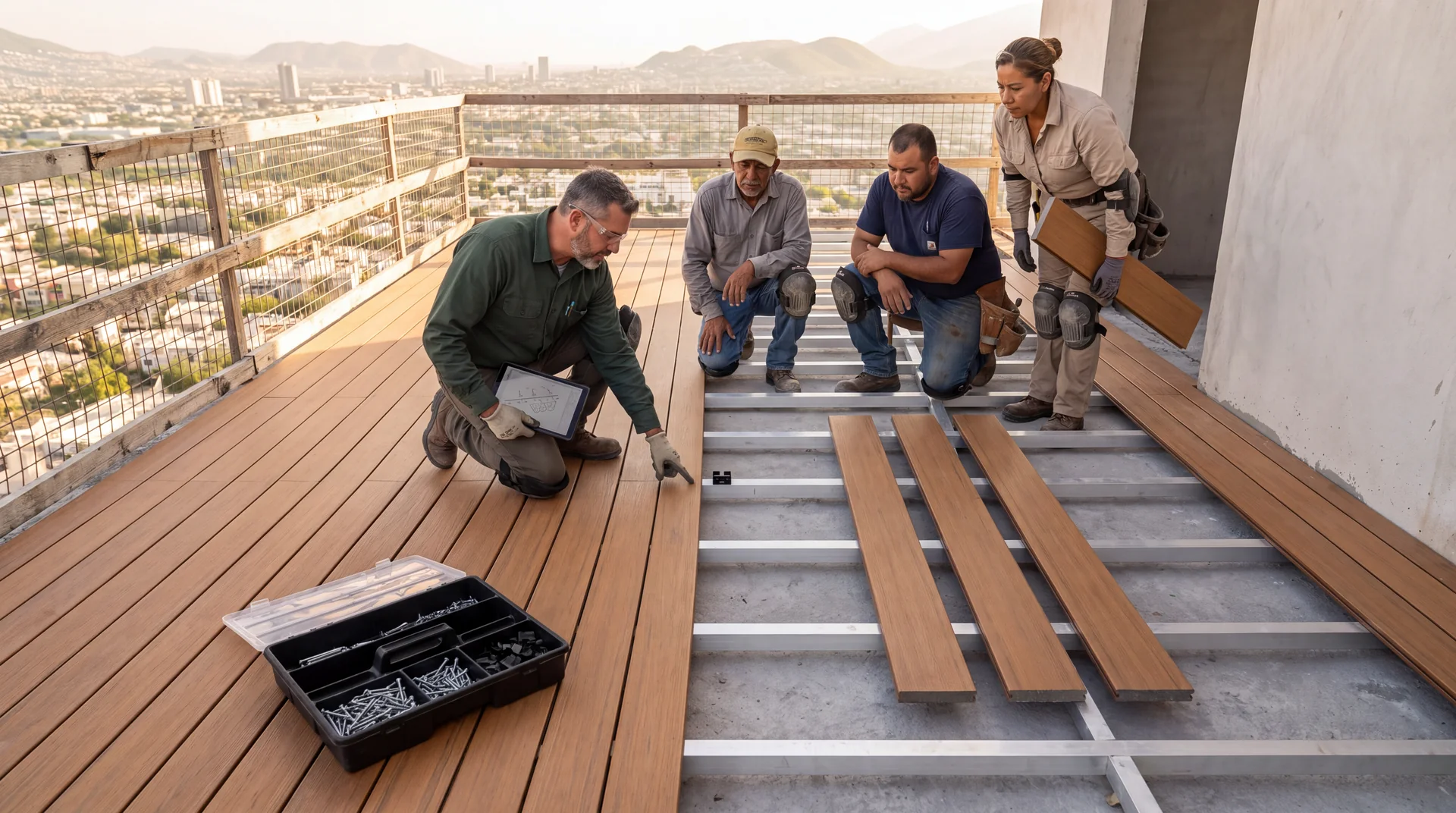 El técnico de planta, de rodillas sobre el deck, señala el clip oculto en un larguero a tres instaladores; en primer plano una charola con pijas y clips, al centro tres tablas acomodadas para seguir montando y a la derecha la junta entre el deck y el muro