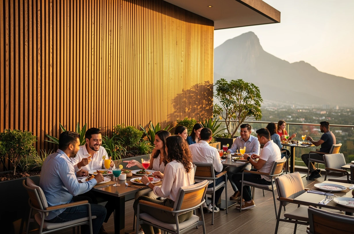 Diners on a restaurant terrace at sunset, under a golden WPC grooved panel wall