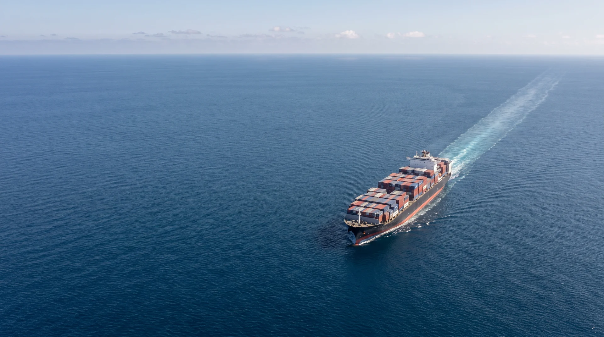 Vista aérea del océano Pacífico abierto, sin tierra a la vista: un solo barco portacontenedores cargado avanza en mar abierto dejando una estela larga que llega hasta el horizonte