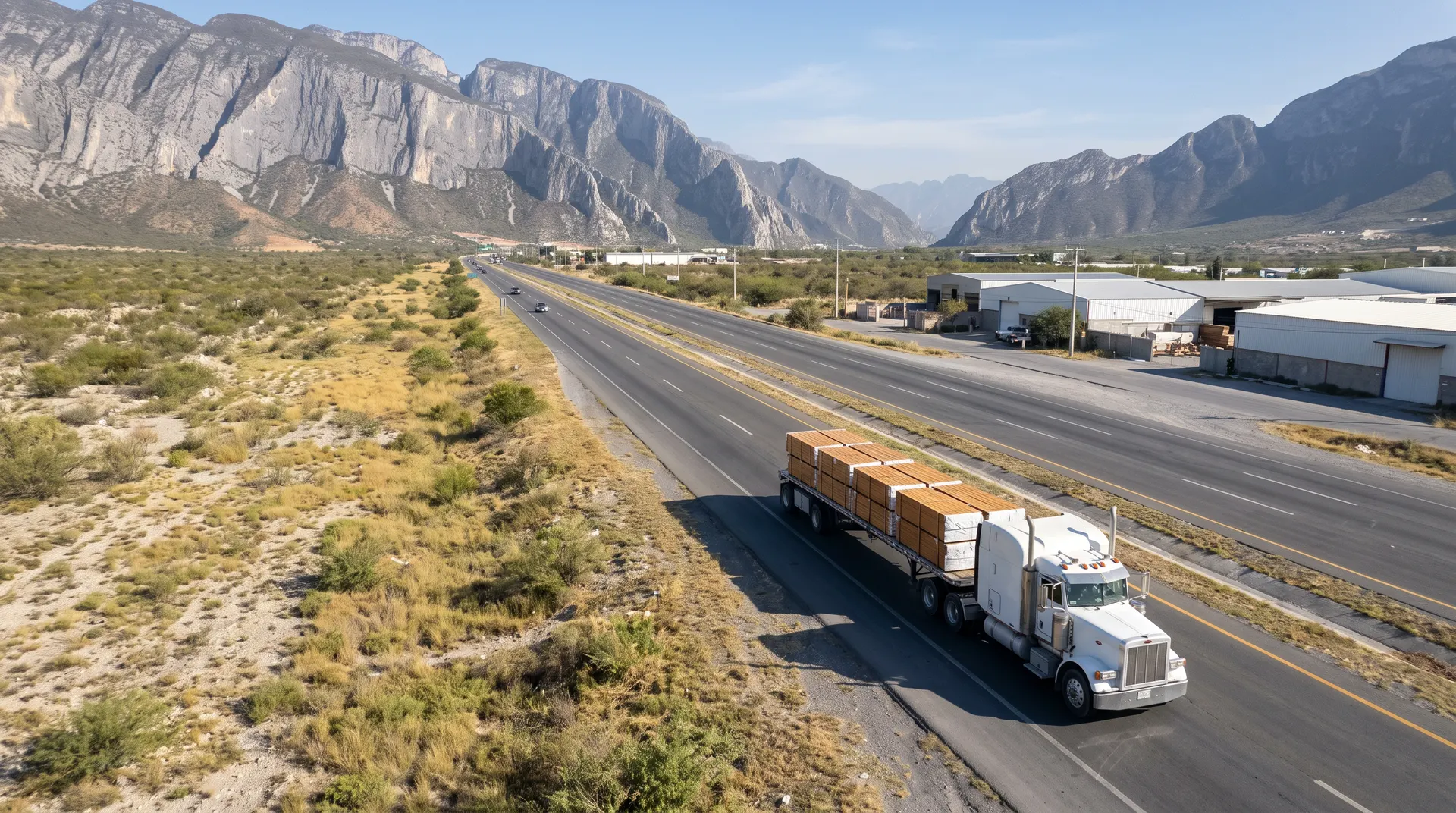 Vista aérea de una carretera en Santa Catarina, Nuevo León, con los acantilados de La Huasteca al fondo: un tráiler blanco de plataforma avanza cargado con atados de tablas de WPC
