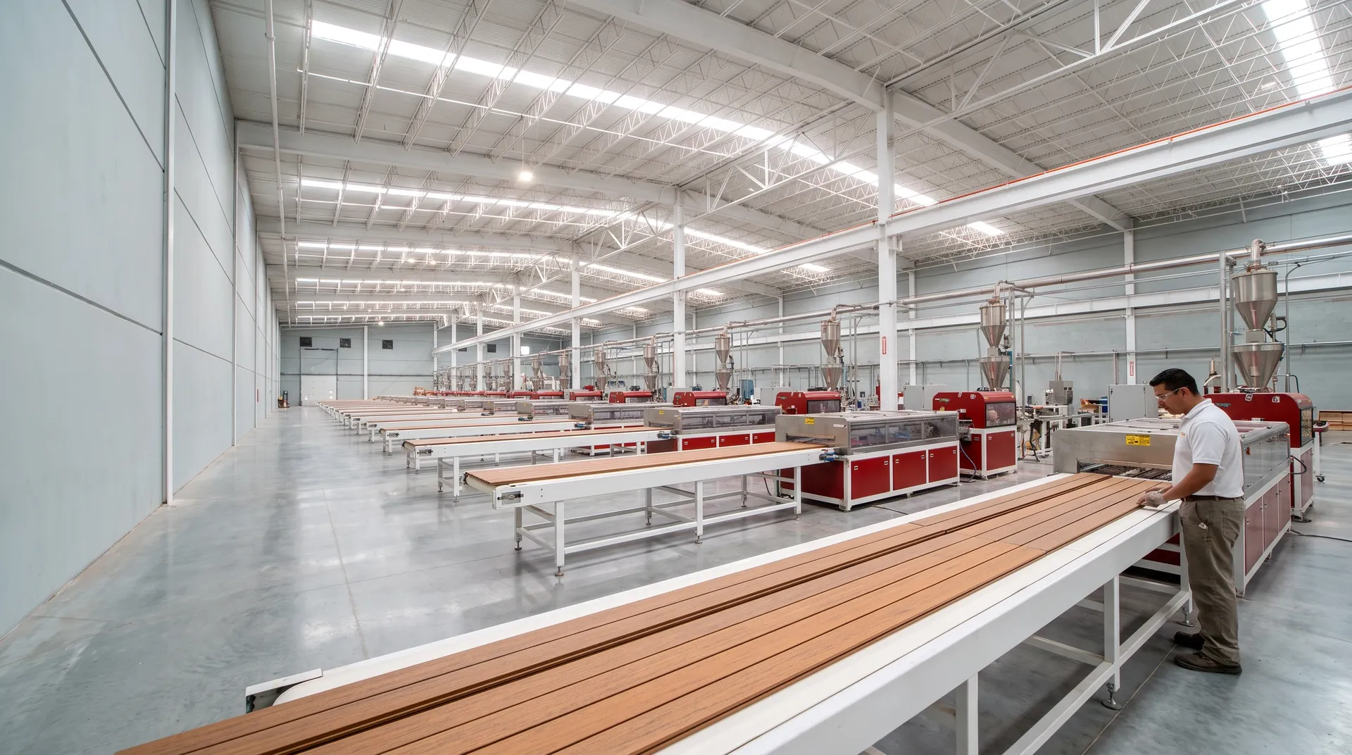 Nave de extrusión de Extrutech: varias líneas paralelas con sus máquinas rojas y sus tolvas alineadas hacia el fondo de la nave, y en primer plano una banda transportadora con duelas de WPC recién salidas. A la derecha, un operador revisa una de las duelas.