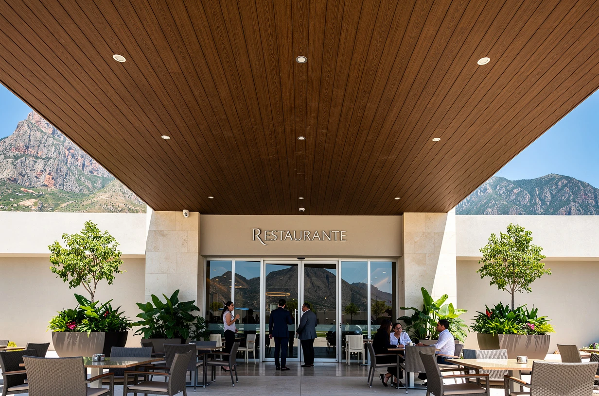 Terraza de restaurante a la intemperie con plafón y acabados de WPC