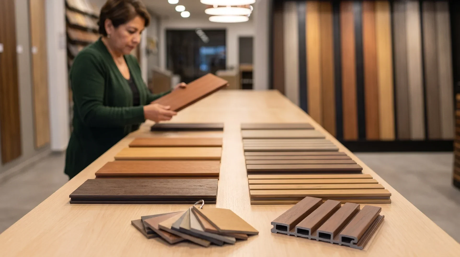 Mesa de muestras en una tienda de materiales, vista a la altura de la tapa: dos hileras de piezas de WPC —tablas de deck y perfiles de lambrín ranurado en los colores de línea— con un abanico de muestras al frente, y al fondo una clienta levantando una de las tablas
