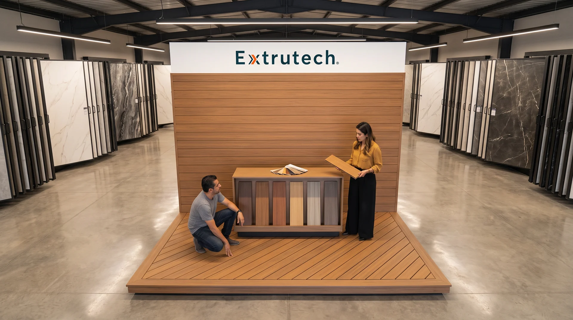 Módulo de Extrutech en el piso de venta de una tienda de materiales: una asesora sostiene una tabla de deck y le explica a un cliente que se agacha junto a la base de deck y al exhibidor de colores