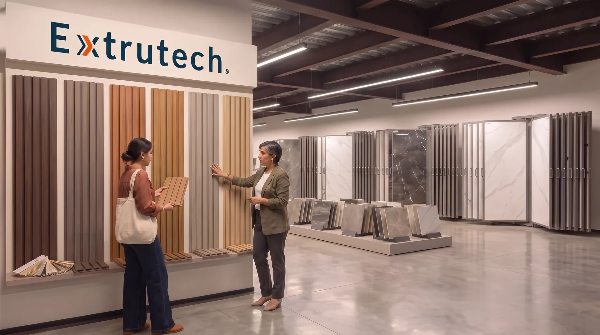Piso de venta de una tienda grande de materiales: a la izquierda, el módulo de Extrutech, con el logo en el cabezal y seis tablas de lambrín de piso a techo en los colores de línea; una arquitecta con una muestra en la mano y una asesora de la tienda lo están viendo. A la derecha, el resto de la tienda, con bastidores verticales de losas de porcelánico y mármol.