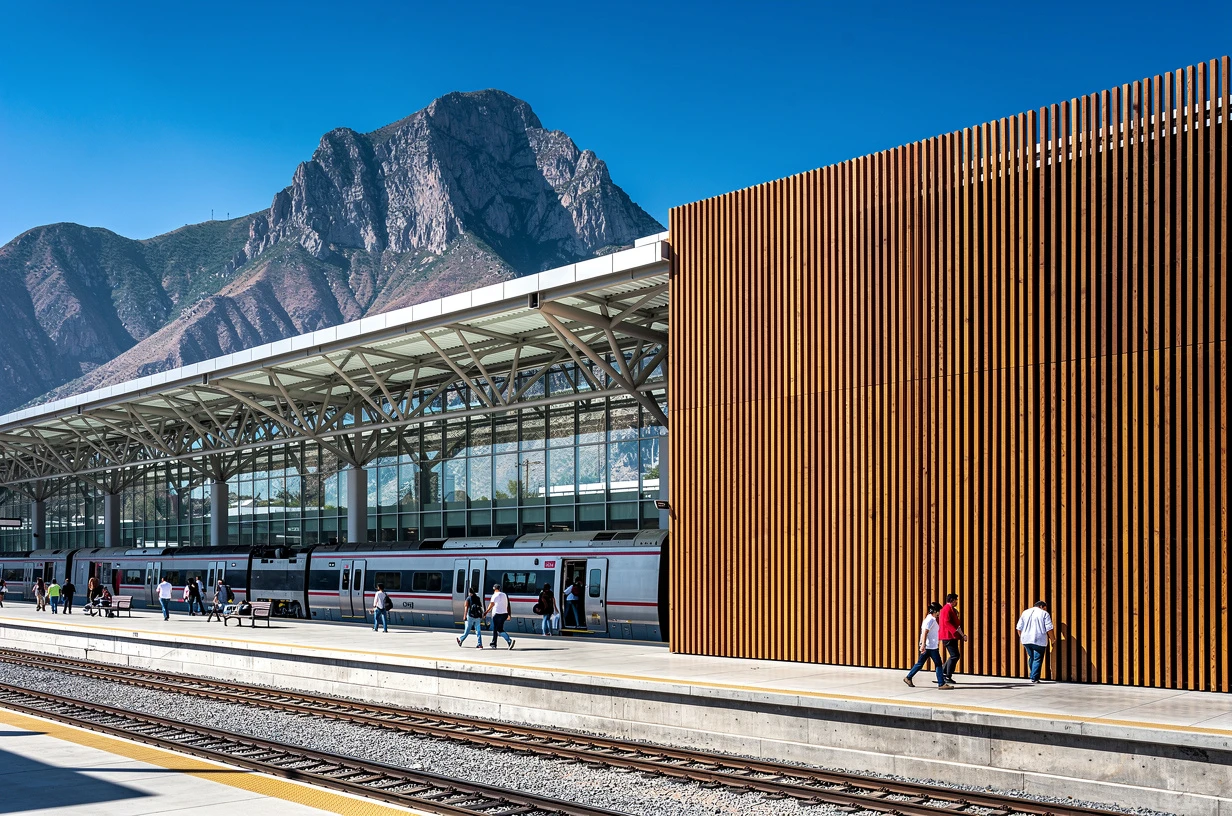 Train station with a Teka WPC grooved panel section and a mountain behind it