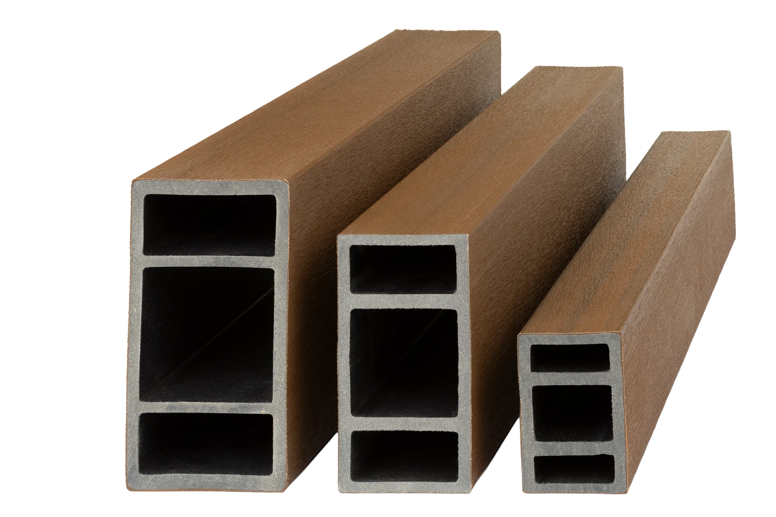 The three WPC decorative beam sizes (6x4, 10x5 and 12x6 cm) in Teka, seen from the front
